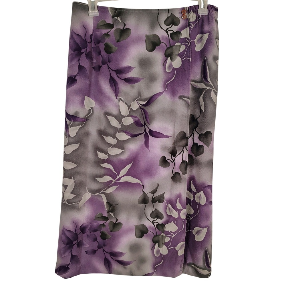 Alfred Dunner Womens 16W Midi Skirt Purple Grey Leaf Print Botanical Cottagecore